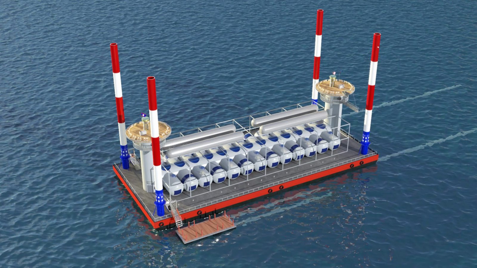 Planet Ocean aerial view — full barge platform with guest rooms